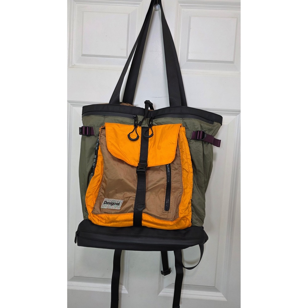 Desigual Convertible Backpack Tote Bag Green Orange Hiking Ripstop Multi-Way